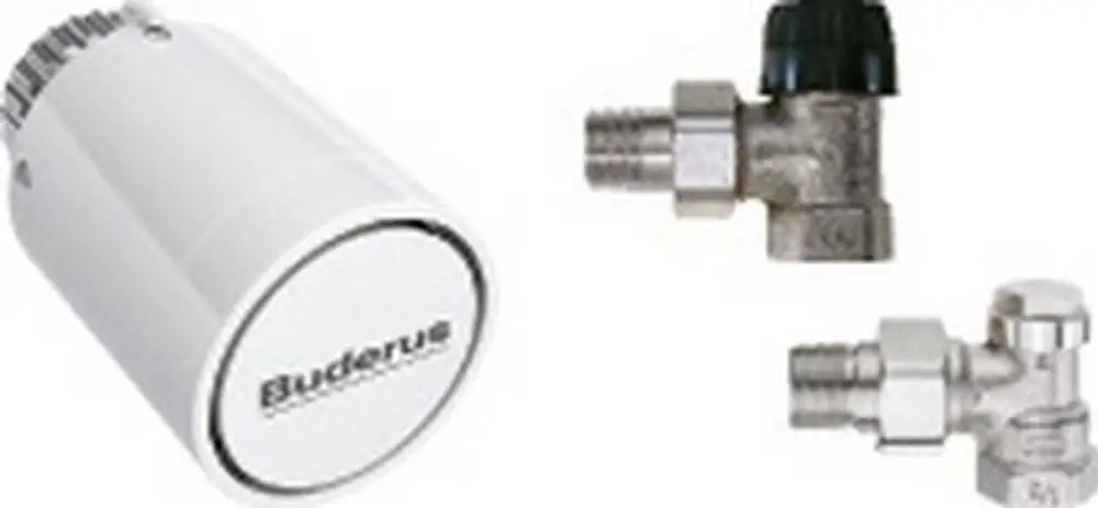 Zubehörset von Buderus mit einem weißen Thermostatkopf und zwei verschiedenen Eckventilen aus Metall.